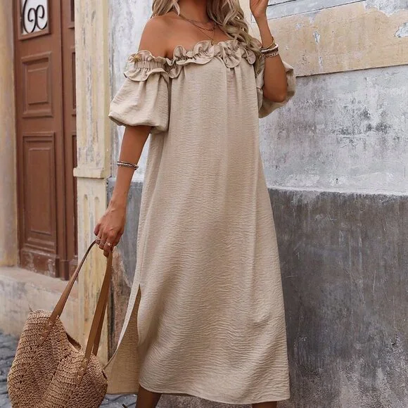 Khaki Casual Women's Off Shoulder Ruffle Trim Slit Dress - Picture 6 of 6